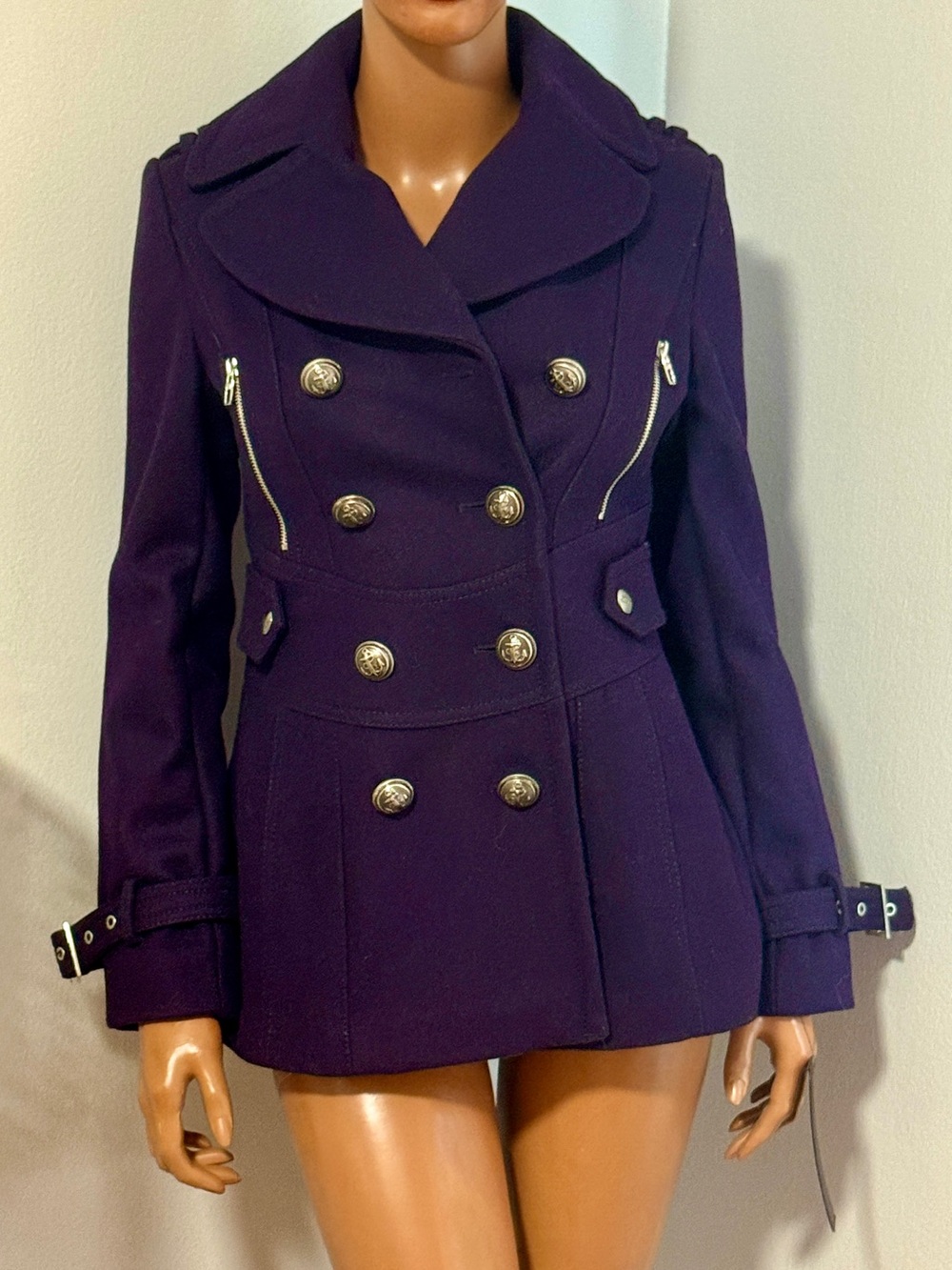 NWT Miss Sixty Trench Coat Peacoat Wool Blend Peplum Double Breasted XS